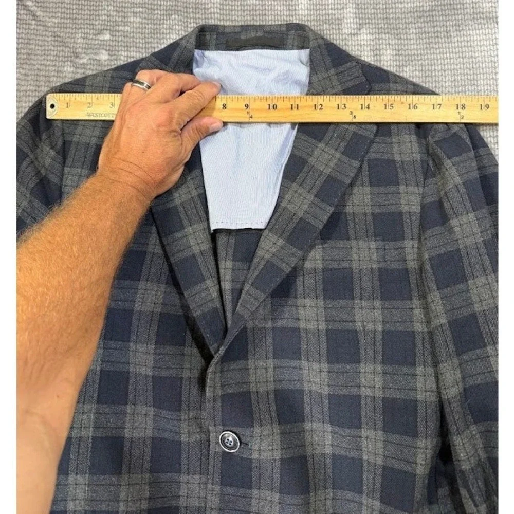 Misaky Mens Plaid Blazer Sport Coat Navy Blue Grey Wool Blend Size 52 IT US 42